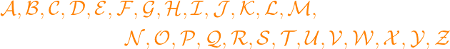 \cal
  A, B, C, D, E, F, G, H, I, J, K, L, M, \\
  \cal
  N, O, P, Q, R, S, T, U, V, W, X, Y, Z